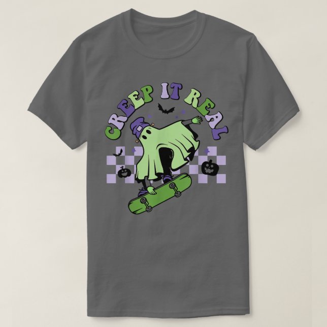 Camiseta Creep It Real Skateboard Ghost Halloween Funny Gro (Frente do Design)