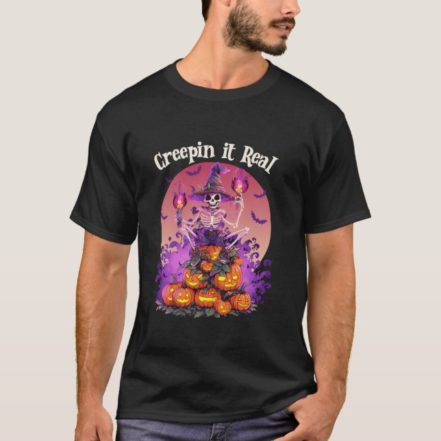 Camiseta Creepta Cabeça Real Esqueleto Bruxa Pumpkin Engraç (Frente)