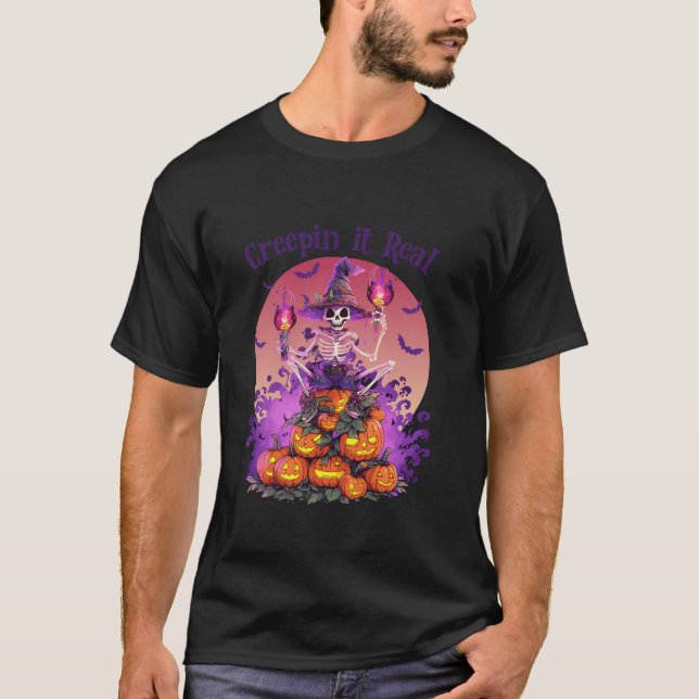 Camiseta Creepta Cabeça Real Esqueleto Bruxa Pumpkin Engraç (Frente)
