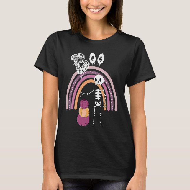 Camiseta Creepy Goth Halloween  Boo Skeleton Pastel Rainbow (Frente)