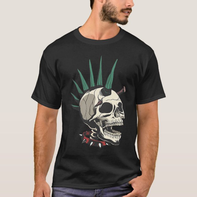 Camiseta Creepy Punk Skeleton With Stake In Skull (Frente)