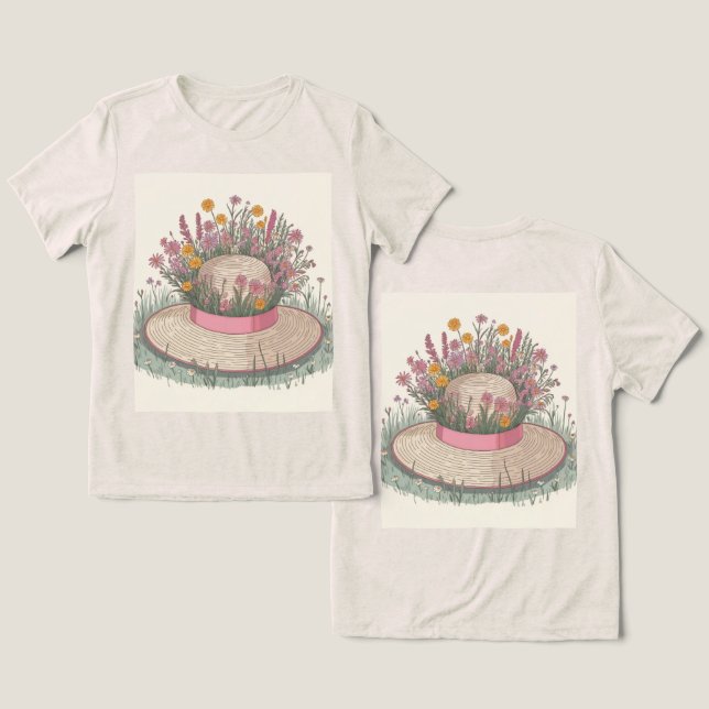 Camiseta Creme de Flores de Chapéu de Jardim (Design Frente e Verso)