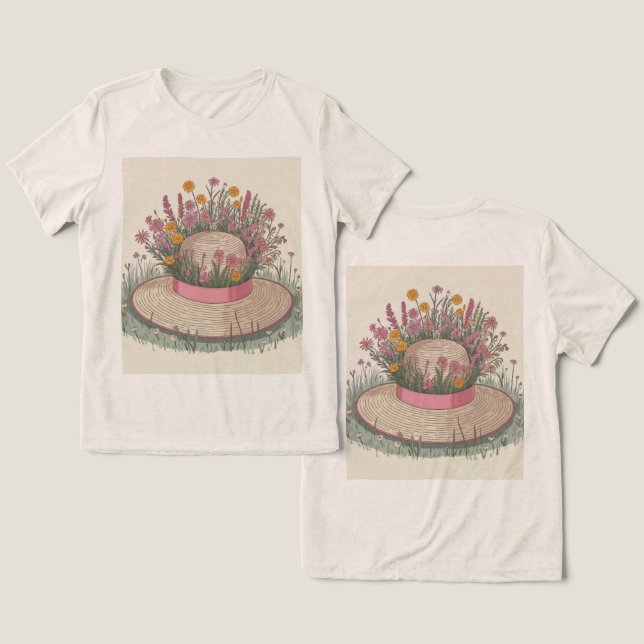 Camiseta Creme de Flores de Chapéu de Jardim (Design Frente e Verso)