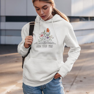 Camiseta Cresça a sua mente, Boho, flor selvagem e livro