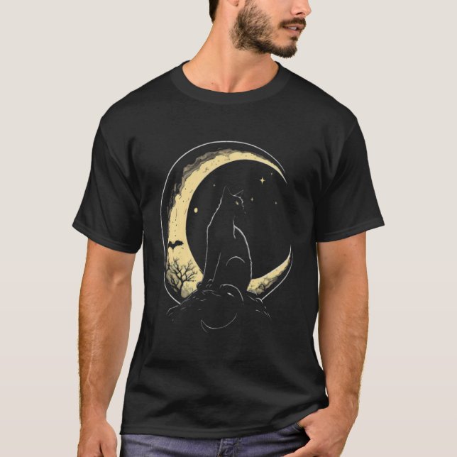 Camiseta Crescent Moon Cat Kitten Astronomy Creepy Night (Frente)