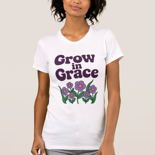 Camiseta Crescer na Graça - Arte Floral Púrpura Pacífica (Frente)