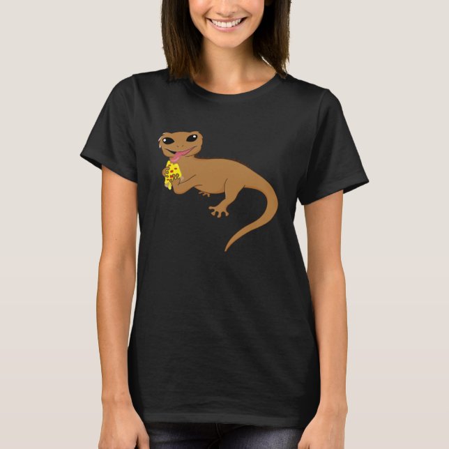 Camiseta Crested Geckos Cute Reptile Eating Pizza Lizard (Frente)