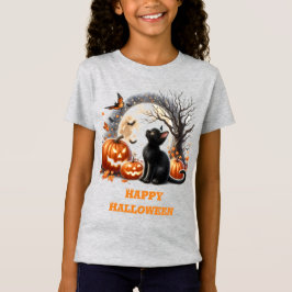 Camiseta Crewneck Preta de Gata para Meninas no Ha