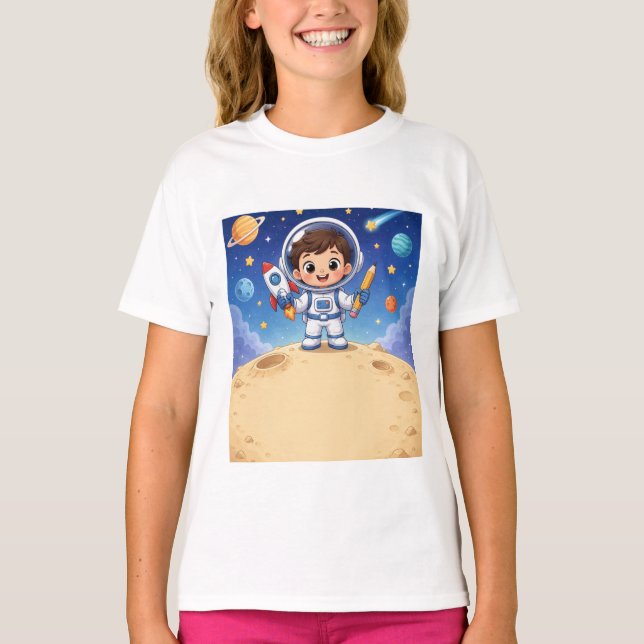 Camiseta Criança Astronauta Pronta para Explorar Caderno Es (Frente)