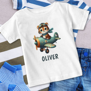 Camiseta Criança Fofa de Tigre Pilotando Avião Personalizad
