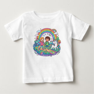 Camiseta Criança Fofo e Unicórnio Arco-íris Aventura Mágica