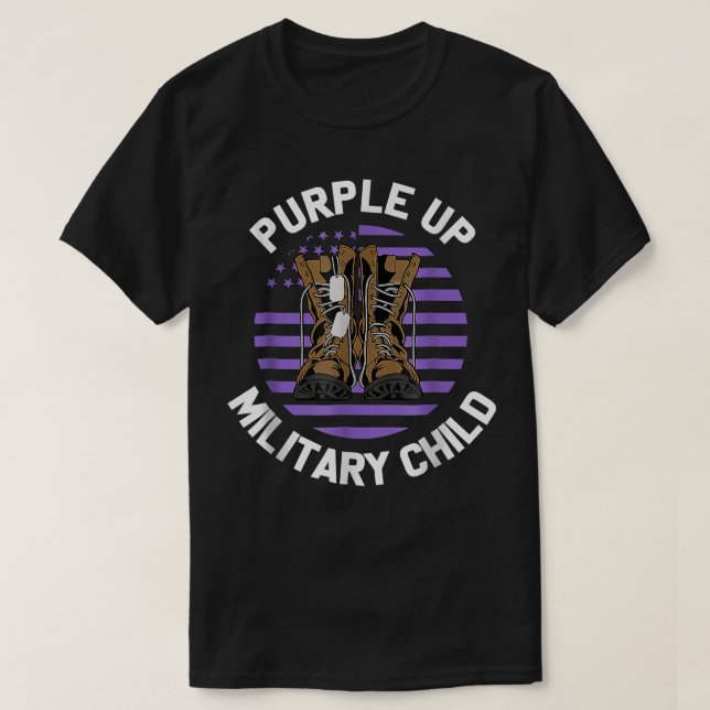 Camiseta Criança Militar Roxo Bota Bandeira dos EUA Mês de  (Frente do Design)