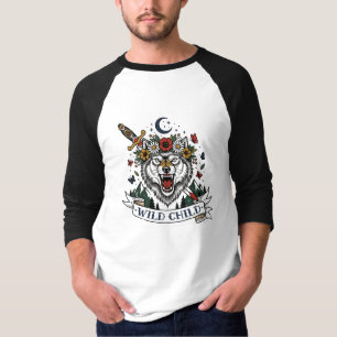 Camiseta Criança Selvagem Coroa de Flor de Lobo Dagger Tatu