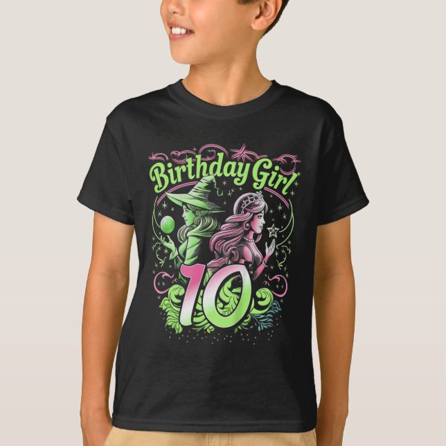 Camiseta Crianças 10º aniversário Bruxa rosa e verde 10 ano (Frente)