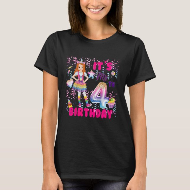 Camiseta Crianças 4 Meninas de Aniversário 4 Anos Vermelho  (Frente)