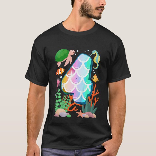 Camiseta Crianças 4.o Aniversário Peixes Tetra Aquarium Sub (Frente)