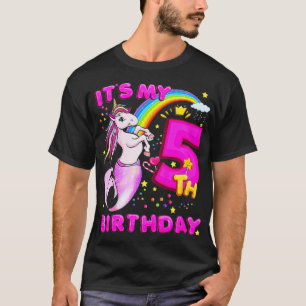 Camiseta Crianças 5 Birthday Unicorn Mermicorn Sereia Para
