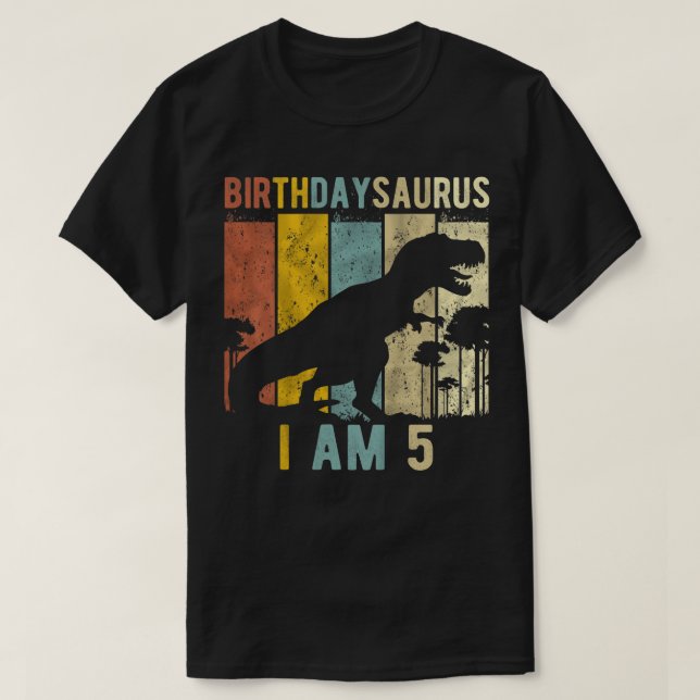 Camiseta Crianças 5 de Aniversário Dinossauro T Rex 5 Anos (Frente do Design)