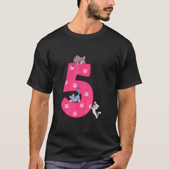 Camiseta Crianças 5h Gato Celebração de Aniversário 5 Anos  (Frente)