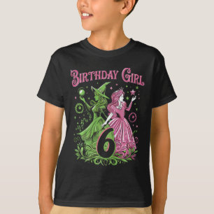 Camiseta Crianças 6 bruxas de aniversário rosa e verde de 6