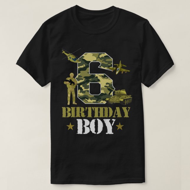 Camiseta Crianças 6 de Aniversário Militares Themed Camo Bo (Frente do Design)