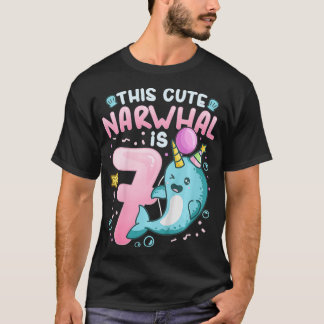 Camiseta Crianças 7 de Aniversário Narwhal 7 Tema de Festa 