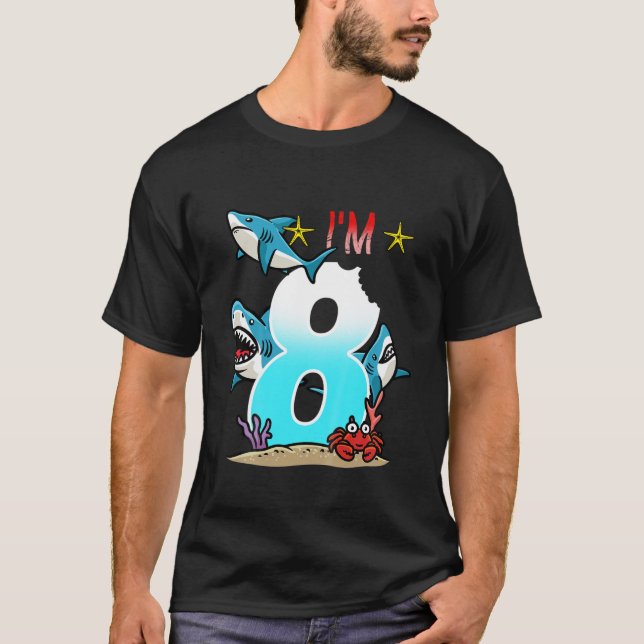 Camiseta Crianças 8º Aniversário Tubarões submarinos Menino (Frente)