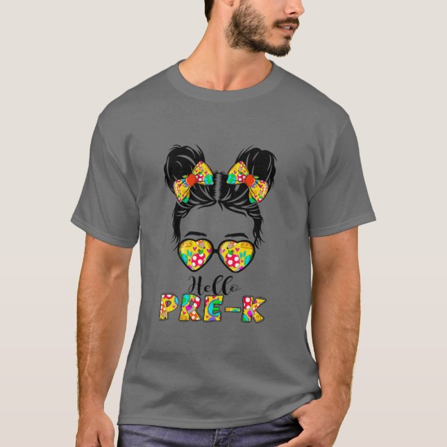 Camiseta Crianças Alô Pré-K Escola Mensagem Bun Girl Equipe (Frente)
