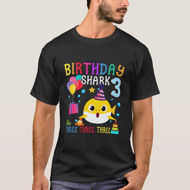 Camiseta Crianças, aniversário de 3 anos de tubarão-bebê, 3 (Frente)