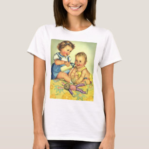 Camiseta Crianças Antigas, Bebês Felizes Sorriem Mamadeira