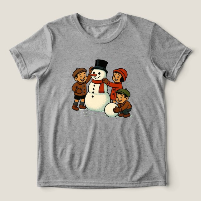 Camiseta Crianças antigas construindo boneco de neve (Design frontal)