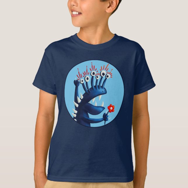 Camiseta Crianças Azuis Engraçadas com Flor Monstro (Frente)