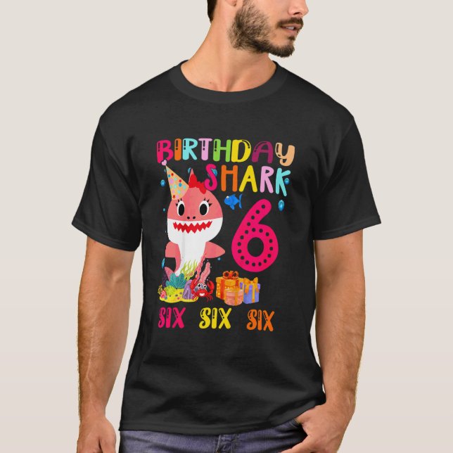 Camiseta Crianças Bebê 6 de Tubarão Rosa, Cute, Aniversário (Frente)