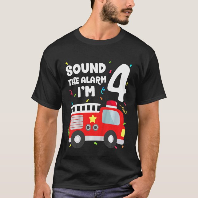 Camiseta Crianças Bombeiam Caminhão 4º Aniversário Brinqued (Frente)