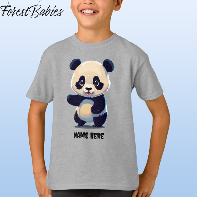 Camiseta Crianças Carrinho-de-Panda Bonito Carrinho Naturez (🐼 Panda Bear, Gray Customizable ForestBabies T-shirt - Front)