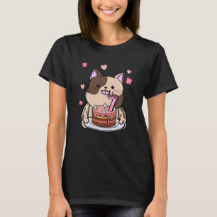 Camiseta Crianças Chubby Cat Segurando Um Bolo De Aniversár