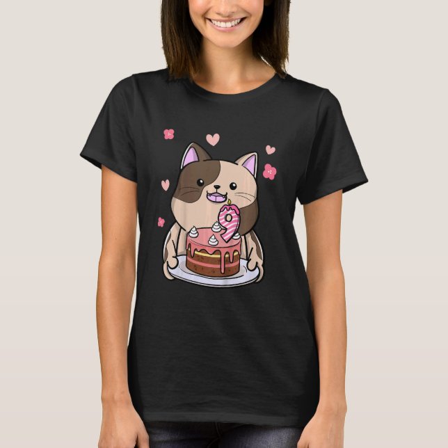 Camiseta Crianças Chubby Cat Segurando Um Bolo De Aniversár (Frente)