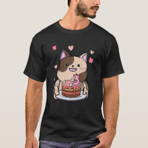 Camiseta Crianças Chubby Cat Segurando Um Bolo De Aniversár
