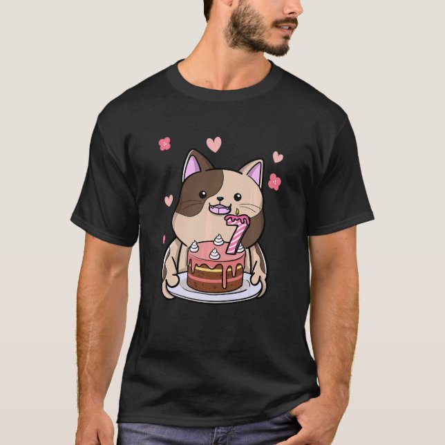 Camiseta Crianças Chubby Cat Segurando Um Bolo De Aniversár (Frente)