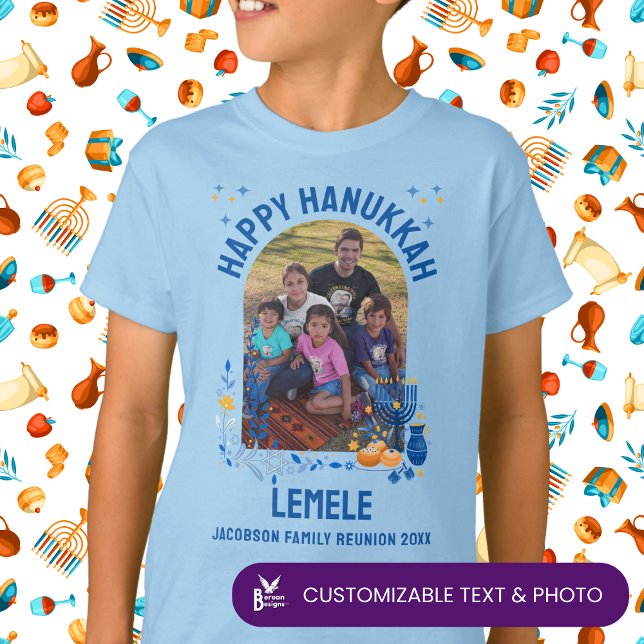 CAMISETA CRIANÇAS DA FAMÍLIA HANUKKAH, REAGRUPAMENTO DA FAM (Customizable photo and text for Hanukkah family reunion. Matching shirt and gifts available.)