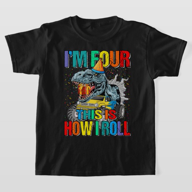 Camiseta Crianças de 4 anos Dinossauro Monstro do Caminhão  (Postura )