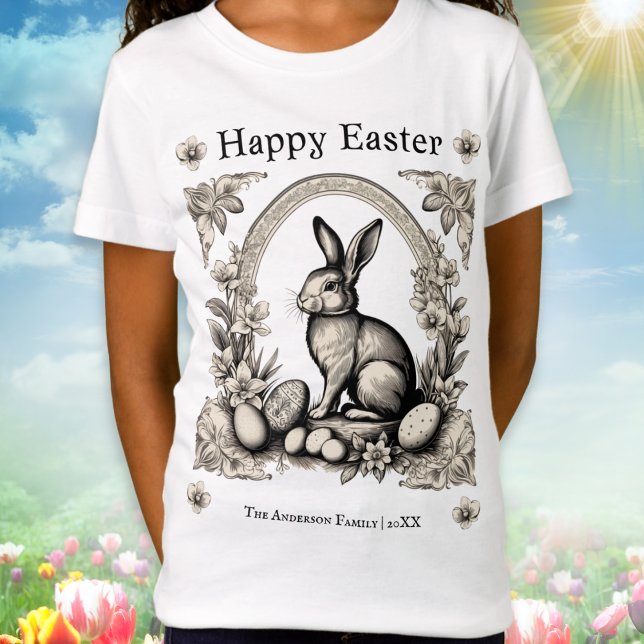 Camiseta Crianças de coelhos Felzs pascoa (A personalized t-shirt with retro Easter bunny with eggs and flowers, and 'Happy Easter' greeting)