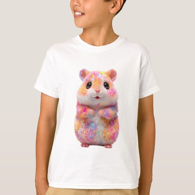 Camiseta Crianças de Hamster Galáctico Brilho Arco-íris (Frente)