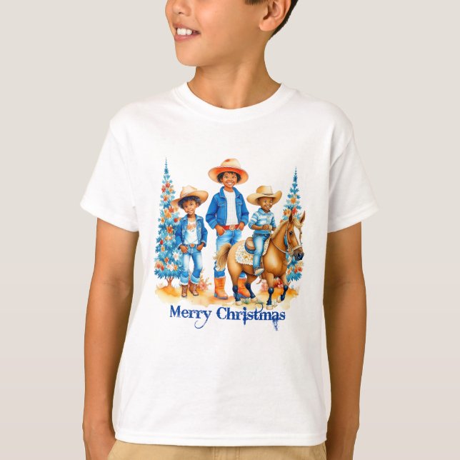 Camiseta Crianças de vaqueiro preto com Feliz de cavalo (Frente)