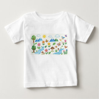 Camiseta crianças desenhando terra flor árvore giz de cera