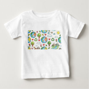 Camiseta crianças desenhando terra giz de cera lápis de cor