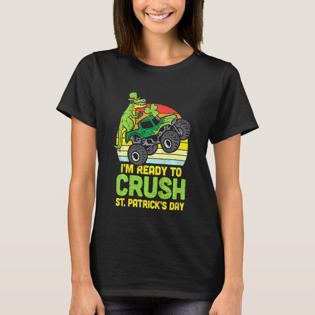 Camiseta Crianças Dino Monster Truck Ready Esmagam St Patri (Frente)
