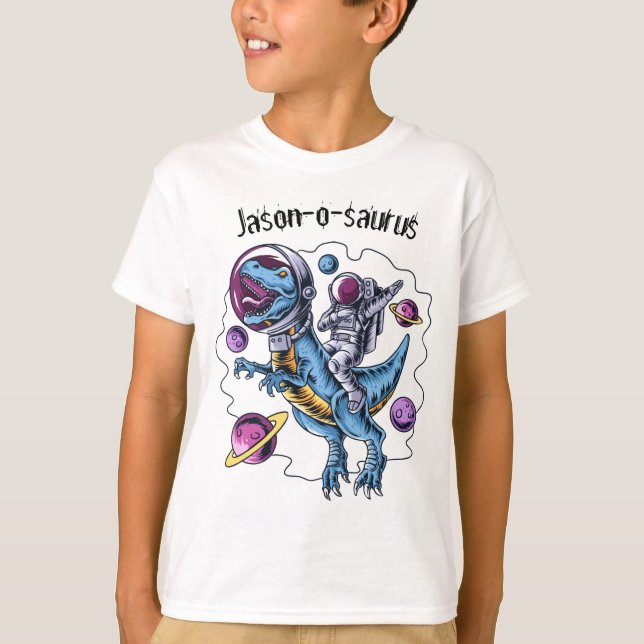 Camiseta Crianças Dinossauro Astronauta T-Rex Adicionar Cam (Frente)