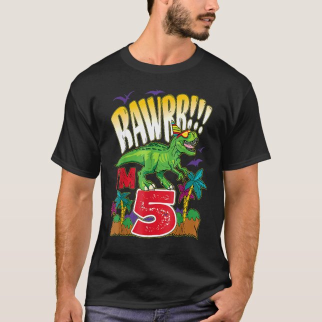 Camiseta Crianças Dinossauro Rawr Eu sou 5 de 5 anos Rex Bo (Frente)