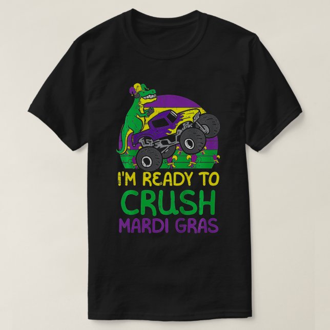 Camiseta Crianças Esmagam Mardi Gras Dino Monster Truck Fun (Frente do Design)